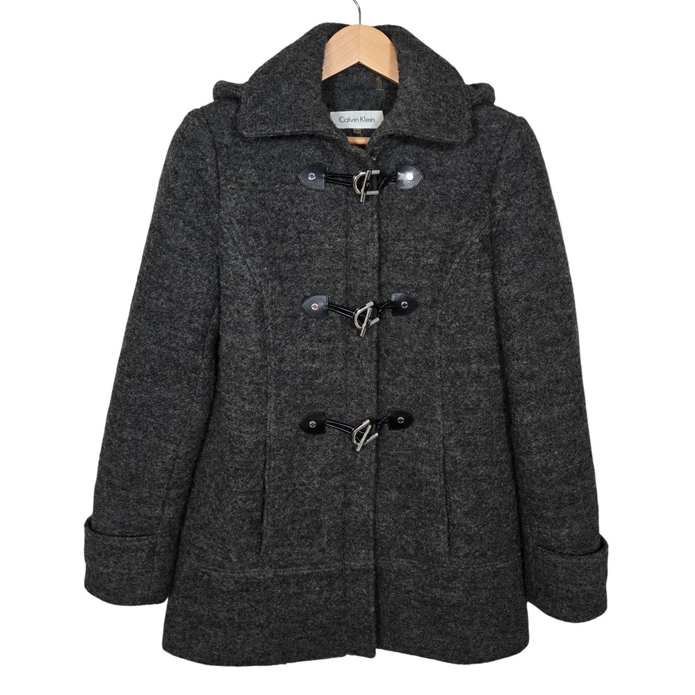 Calvin Klein Women's Hooded Wool Blend Toggle Fr9n5 Zip Walker Lined Coat Grey S